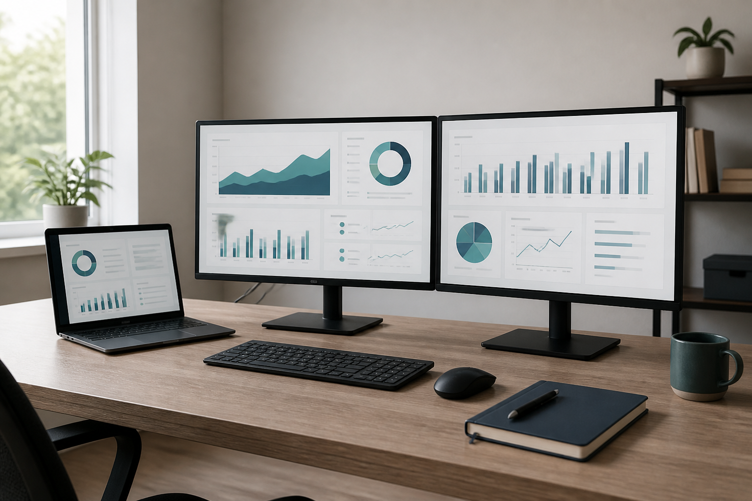 Moderner digitaler Buchhaltungsarbeitsplatz mit zwei Monitoren, Laptop und Reporting-Dashboards